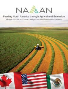 "Feeding North America through Agricultural Extension" An image of a tractor plowing a green field and the Canada, Mexico and US flags across the bottom of the image. 